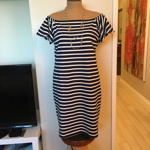 M/L Ralph Lauren Off Shoulder Knit Holiday Dress Navy White - Picture 3 of 8